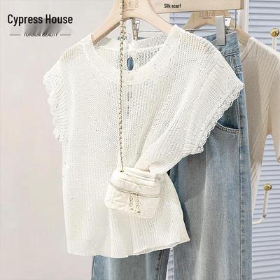Top lavorato a maglia patchwork in pizzo con paillettes elegante da donna