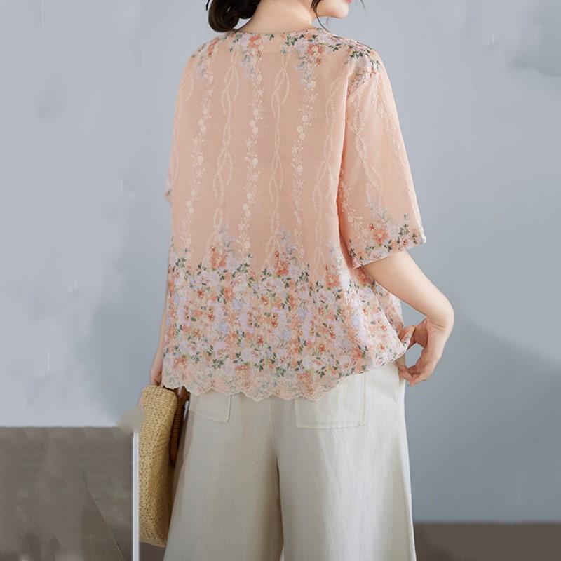 Short sleeve Oversized cotton vintage floral Casual loose t shirt tops Women summer t-shirt