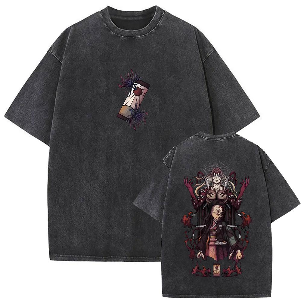 Washed Vintage Anime Demon Slayer Kokushibo & Tsugikuni Yoriichi Graphic T-shirts Men Women Cartoon Oversized T Shirts