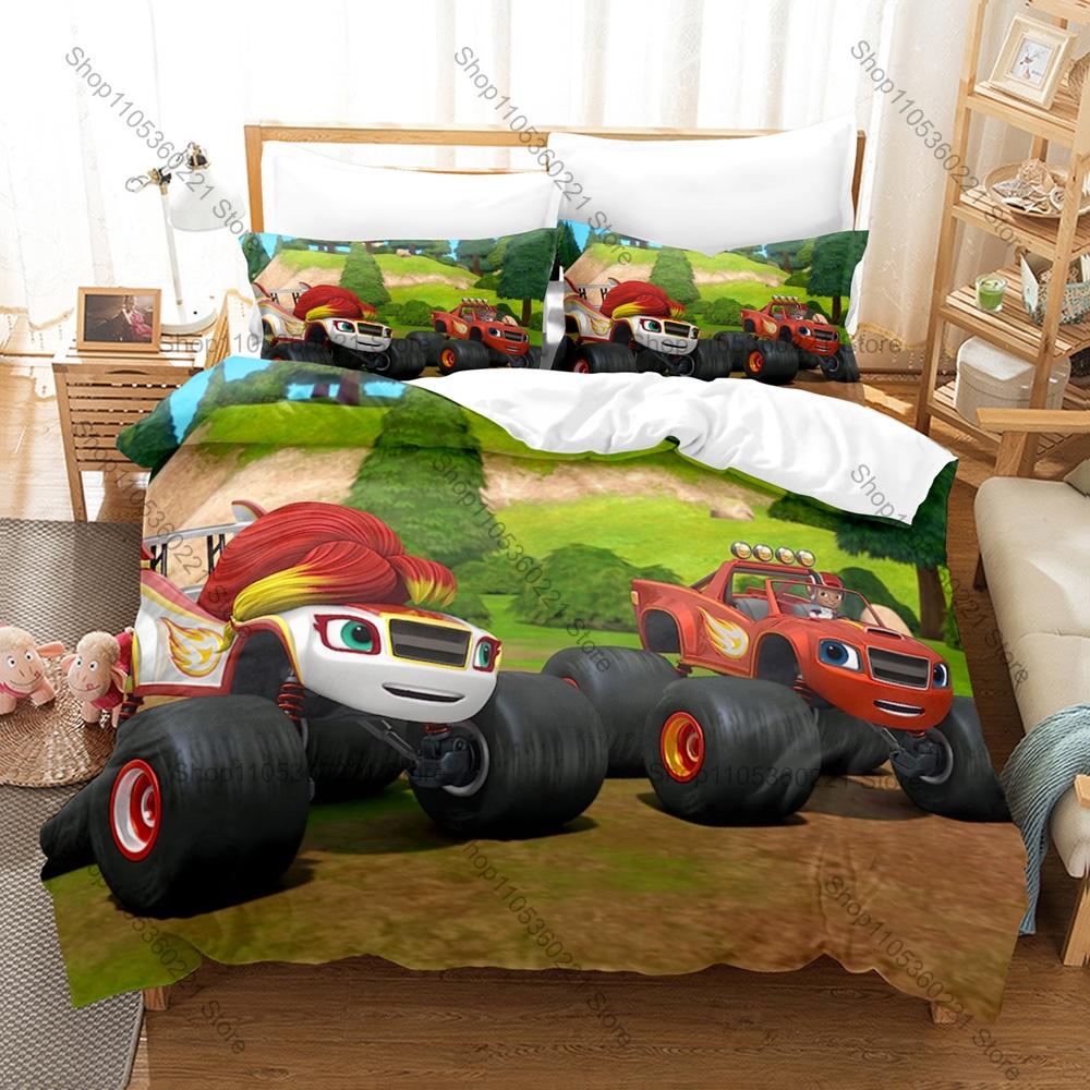 Blaze Monster Machines Theme Bedding Set 3 Pieces Kawaii Truck Print Quilt Cover Set Twin Full Queen King Size with Pillowcases
