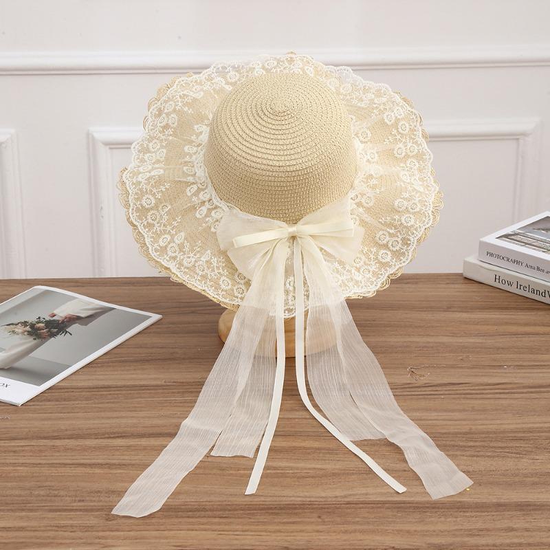 Summer Bow Sun Hat Female, Seaside Beach Vacation Sun Hat Outdoor Big Brim Sun Hat Sweet Straw Hat