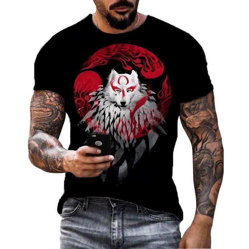 Summer Men Fun Daily Loose Wolf Pattern 3d Printed O Collar Short Sleeve T-Shirt Personality Street Plus Size Breathable Top