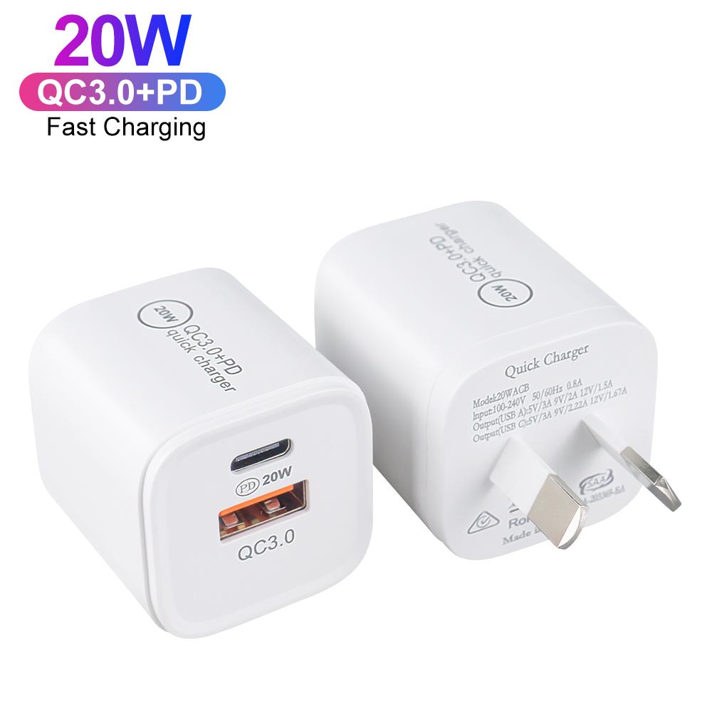 AU Plug Mini Portable PD20W QC3.0 Charger Type-C Fast Charging USB C Wall Charger for Cell Phone Dual Ports