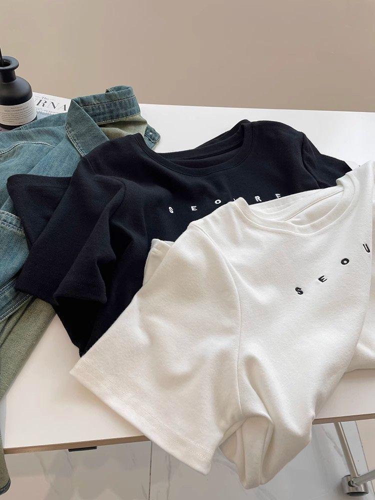 Women's Trendy Short-Sleeve Embroidered T-Shirt - Brushed, Slim Fit, Solid Color Round Neck Tee for Autumn