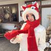 New Year Dragon Head Shape Earflap Hat Trendy Women Plush Hat Gloves Scarf 3in1 Suit Adults Winter Hat for Teenagers
