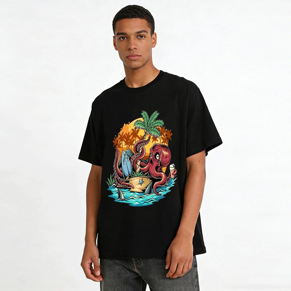 Funny Octopus Island Vacation Print T-Shirt Unisex Casual Tee Pure Cotton T-shirt