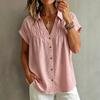 V Neck Loose Solid Button Pleated Short Sleeve Women Casual Blouse