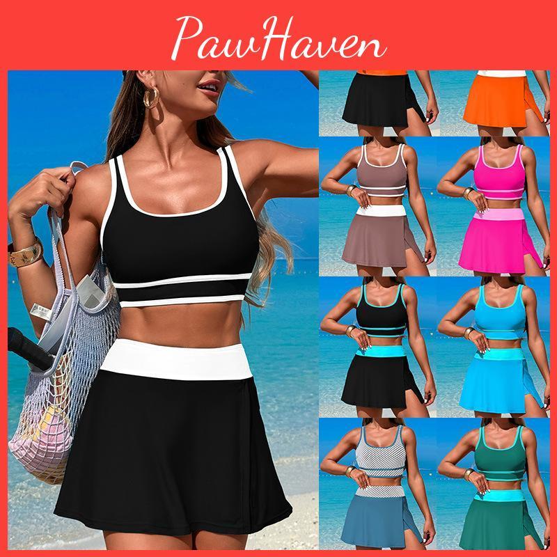 Summer Two Fashion Piece Bikini Solid Color Short Skirt Split Swimsuit Women High Waist Beach Bikini Set