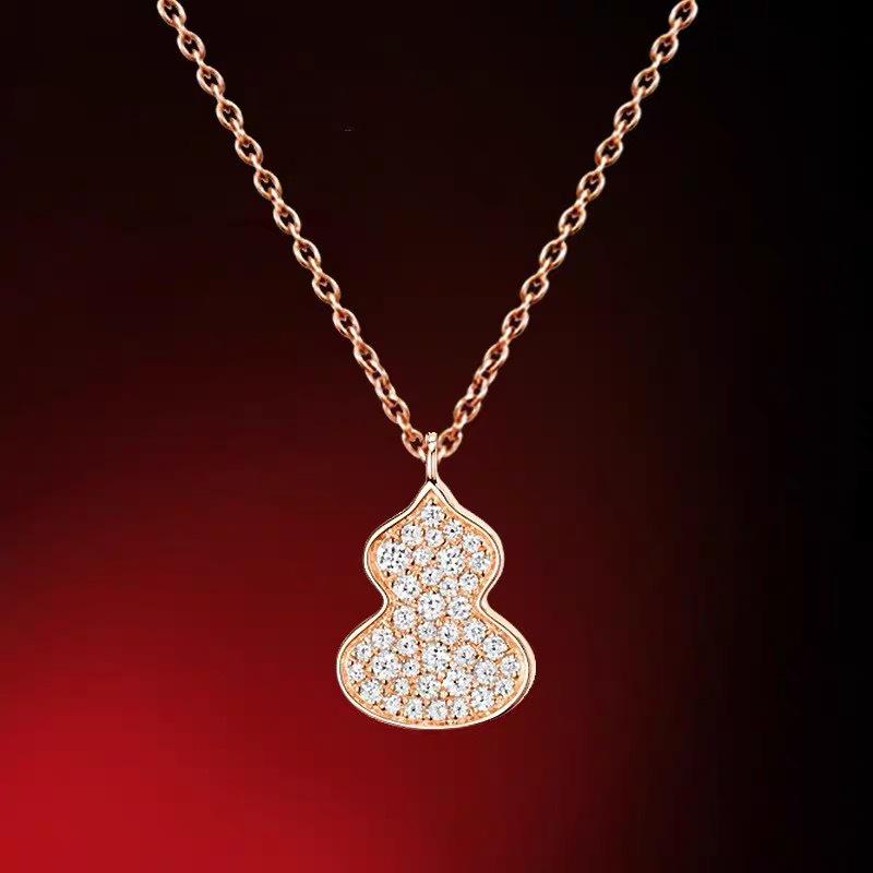 Qijia 18K Diamond Silver Gourd Necklace with Red Agate, White Mother-of-Pearl, and Black Agate Accents Platinum