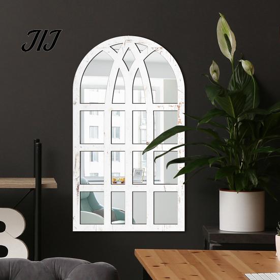 Arched Wall Mirror Stickers Window Decor, Wooden Frame Acrylic Fake Mirror, Minimalist Arch Self-Adhesive Windowpane Sticker for Living Room