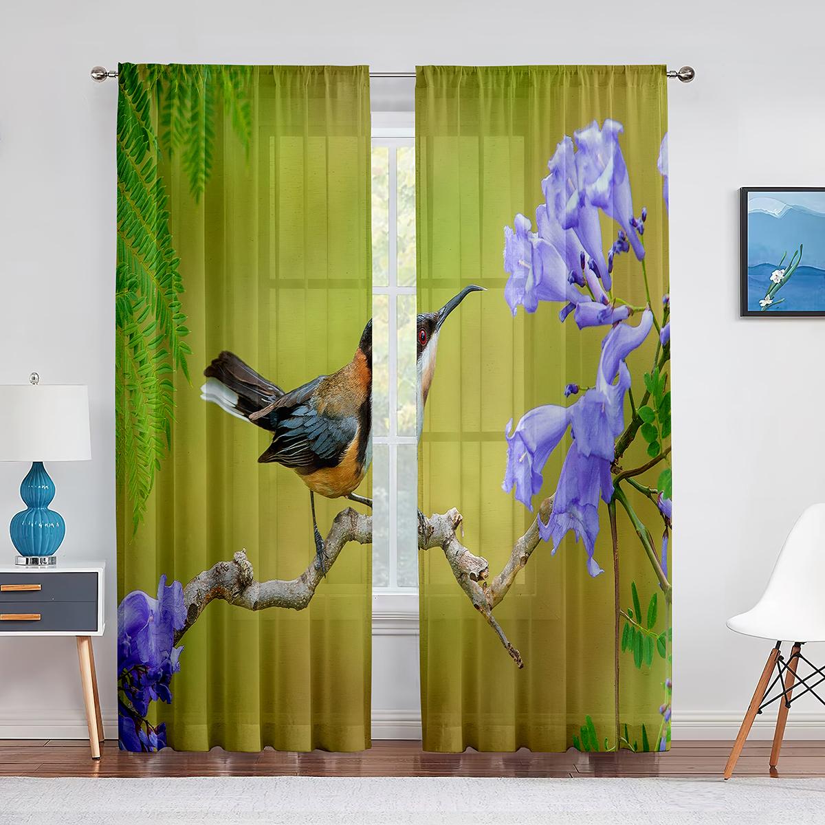 Тюлевые прозрачные шторы с милой синей птицей на ветке дерева для гостиной — фото 11