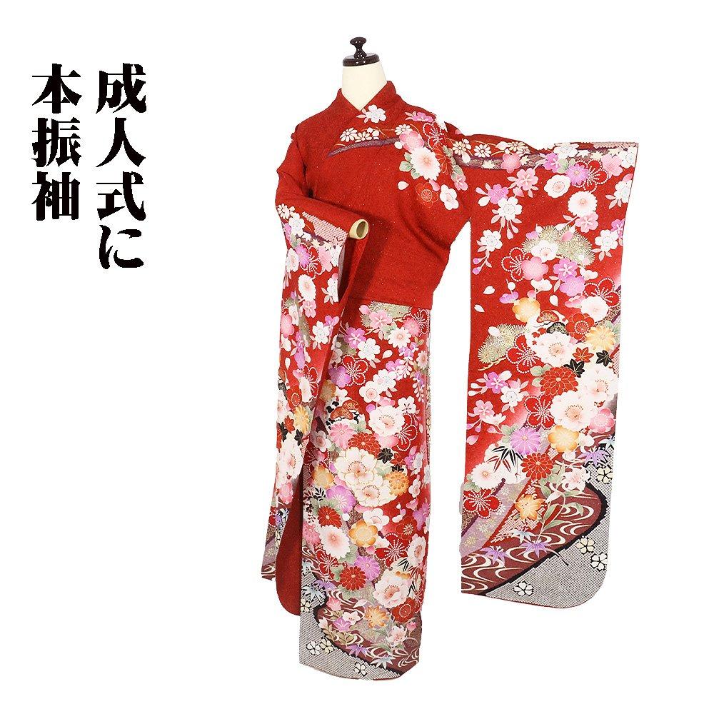 

Special sale item Genuine long-sleeved kimono, pure silk, red, red bean color, noshi pattern, cherry blossom, pine, bamboo, plum, lily, L size