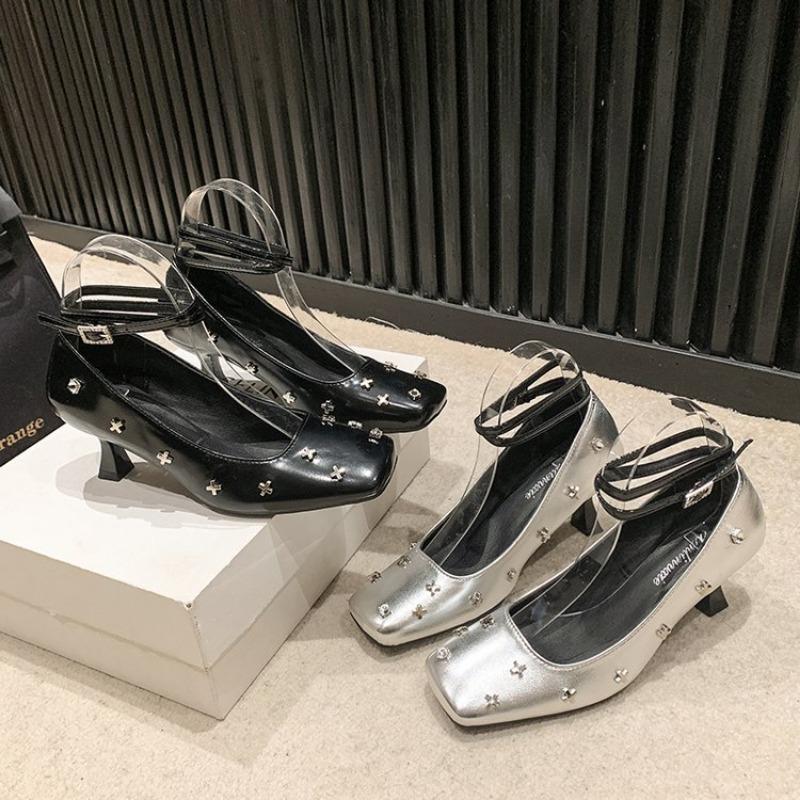 Fashion French Style Metallic Square Head Sexy Small Leather Shoes With Flat Heel And Single Button Buckle Elegant Thick High Heel Shoes