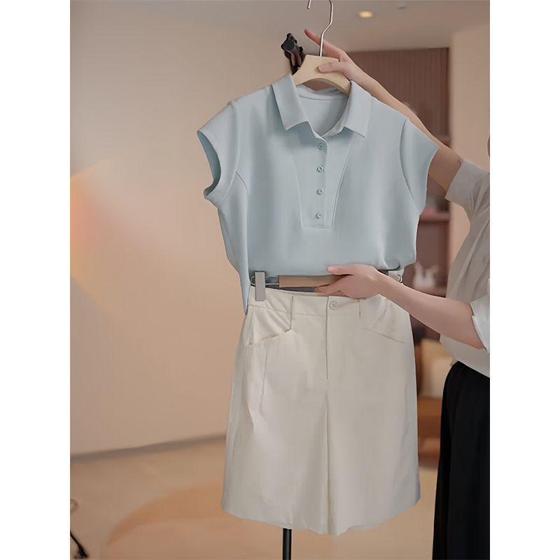2026 Women's Chic Polo Collar Set: Stylish Solid Color Short Sleeve T-shirt for Summer Commutes
