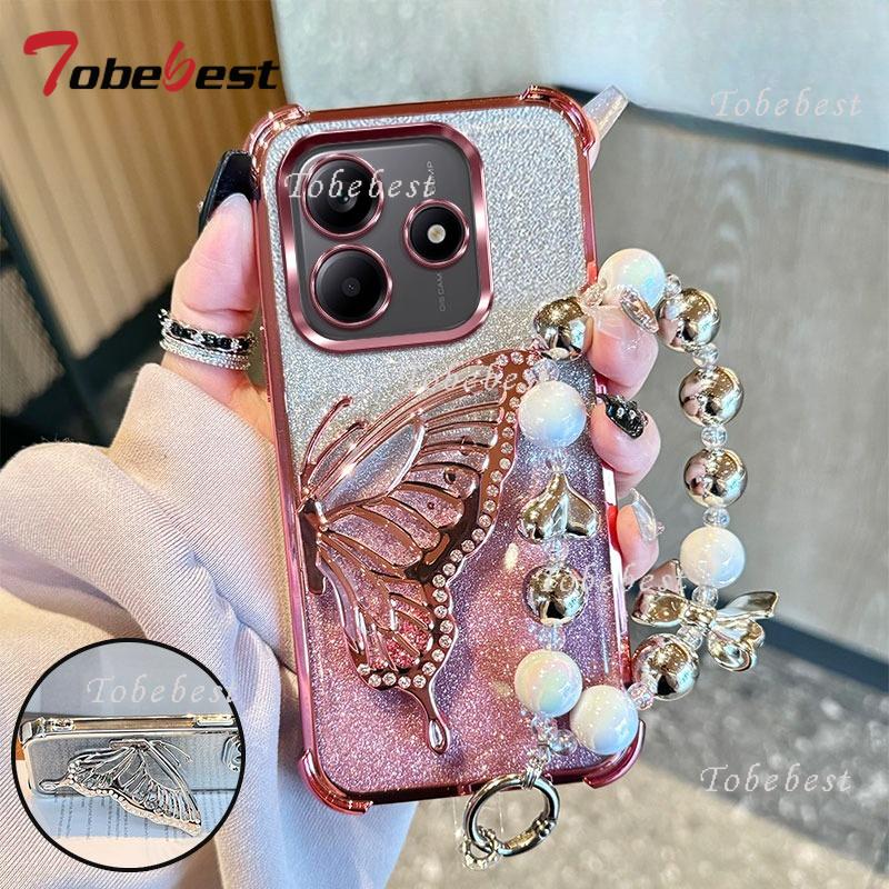 Wstrząsoodporne Platerowane Brokatowe Etui Bransoletka Motyl dla Xiaomi Redmi Note 14 13 12 11 10 9 9S Pro Plus 4G 5G Silikonowe Etui