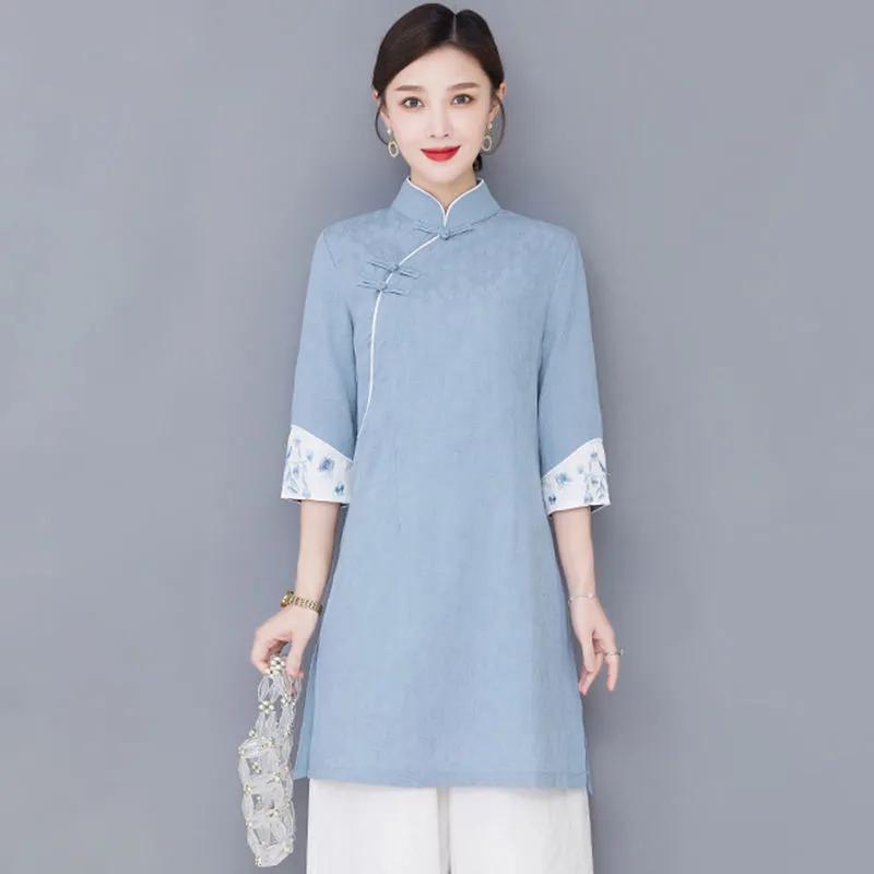 

Women Yellow Chinese Style Blouse Stand Collar Frog Button 3/4 Sleeve Tunic Top S синий