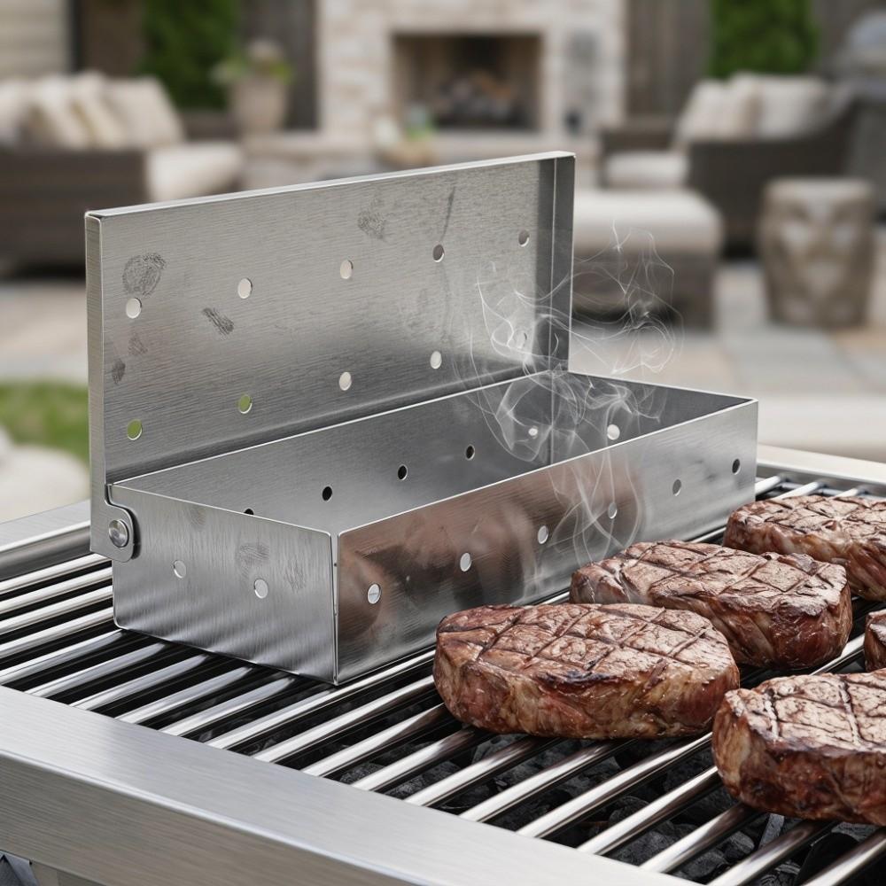 Silver Grill Accessory Rectangular Pellet Smoke Box Smoker Tube Barbecue Accessory Charcoal Grill