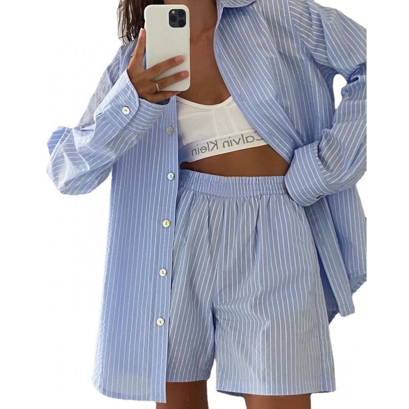 

Женский повседневный спортивный костюм 2024: Полосатая рубашка с длинным рукавом и шорты с высокой талией S темно-синий