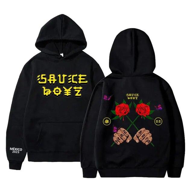Moletom com capuz estampado de álbum de música Sauce Boyz, rapper americano Eladio Carrion, flor rosa, moletom com capuz unissex, moda feminina, tops grandes