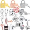 925 Sterling Silver Forever Love Padlock Key Series Heart Pendant Shiny Beads Fit Original  Charms Bracelet Women Jewelry