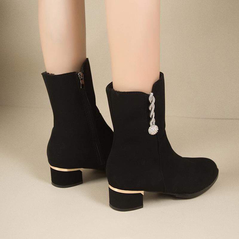 Fashion Winter Rhinestone Decoration Ladies Ankle Boots New Side Zipper 2024 Hot Sale Fashion Thick with Women Shoes Botines Mujer