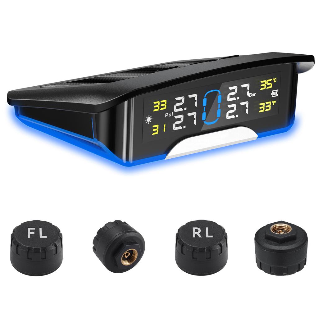 Tire Pressure Monitoring System, Solar Powered Tire Pressure Monitor with 4 External Sensors, 6 Alarm Modes, Color LCD