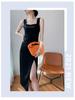 Elegant Black Square Neck Mid-Length Summer Dress with Slit