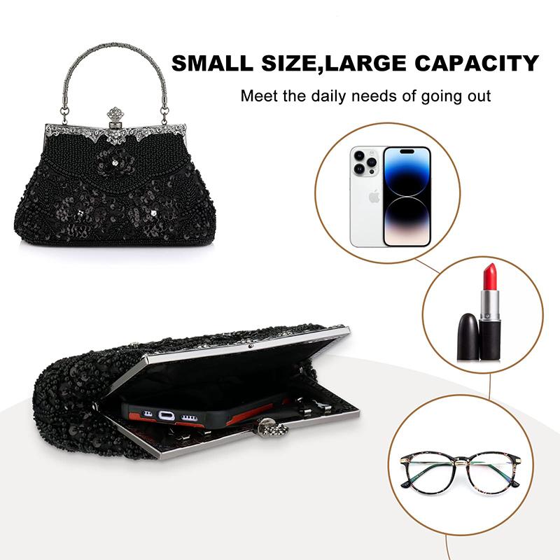 Women Embroidered Beaded Sequin Evening Handbag Vintage Shoulder Bag Purse for Wedding Bridal Prom Party Elegant Top Handle Bag