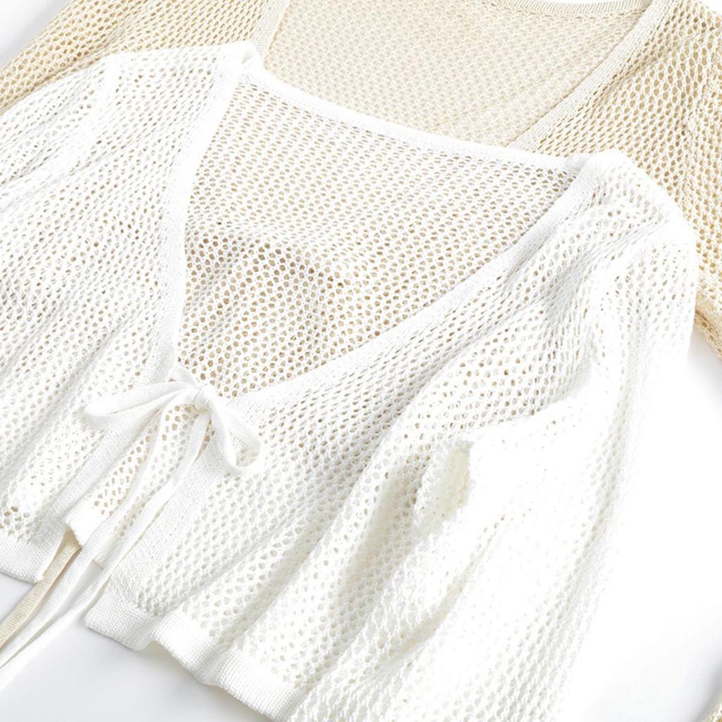 Women's V-Neck Openwork Knit Tie-Up Cardigan - Lightweight Summer Sun Protection Long-Sleeve Top