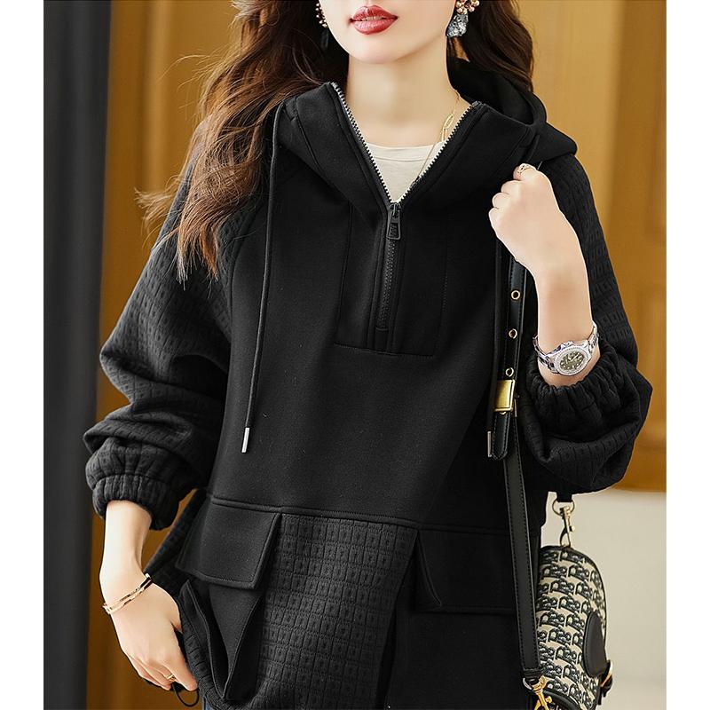 Damtröja Höst och vinter Nytt mode koreanskt temperament Färg Kollision Skarvning Huvtröja med dragkedja Kvinna