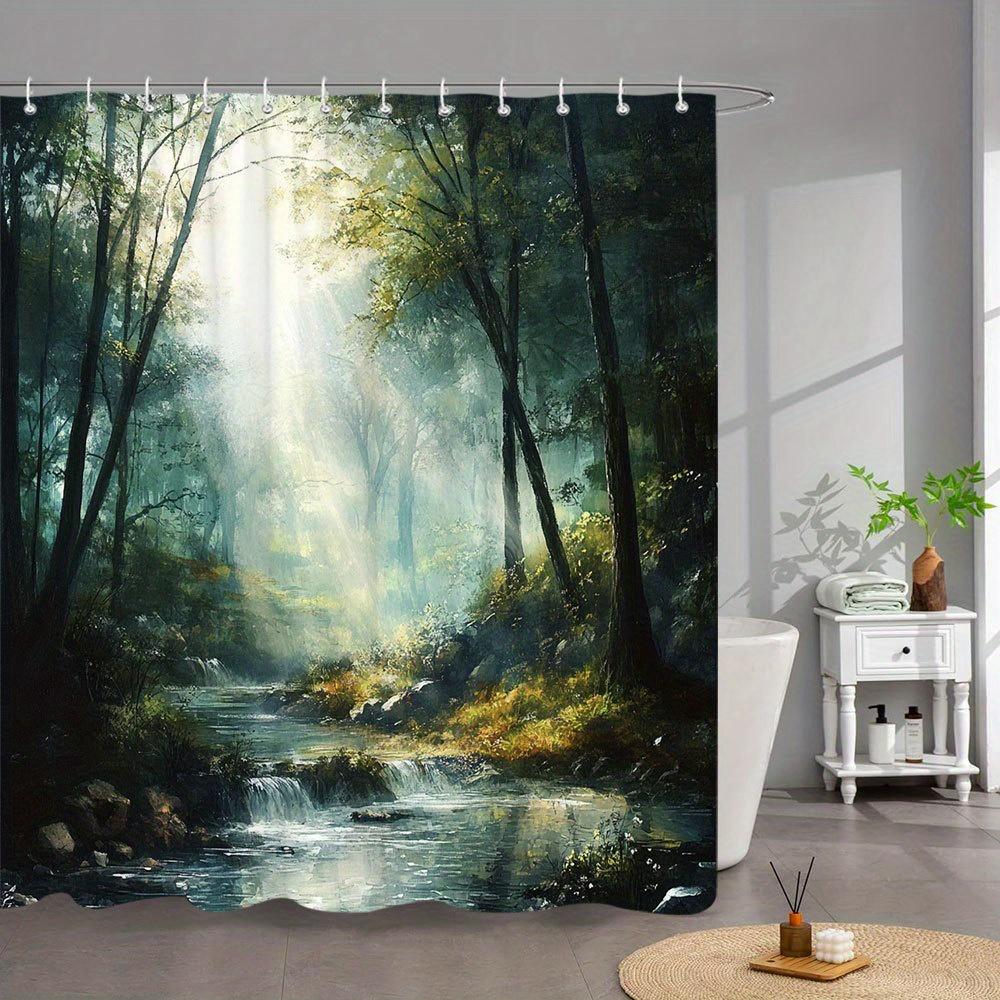 

1pc Enchanted Forest Bath Curtain - Sunlit Stream & Golden Waterfall with Mossy Rocks, 70.86x70.86 Inches, 12 Hooks Included, 90x180cm
