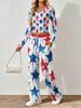 Floral pattern printed women's V-neck long-sleeved trousers set Comfortable casual versatile slim two-piece set