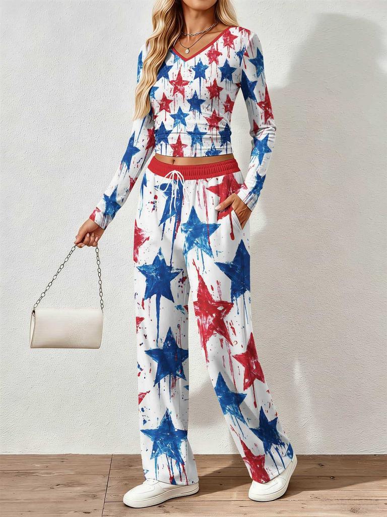 Floral pattern printed women's V-neck long-sleeved trousers set Comfortable casual versatile slim two-piece set