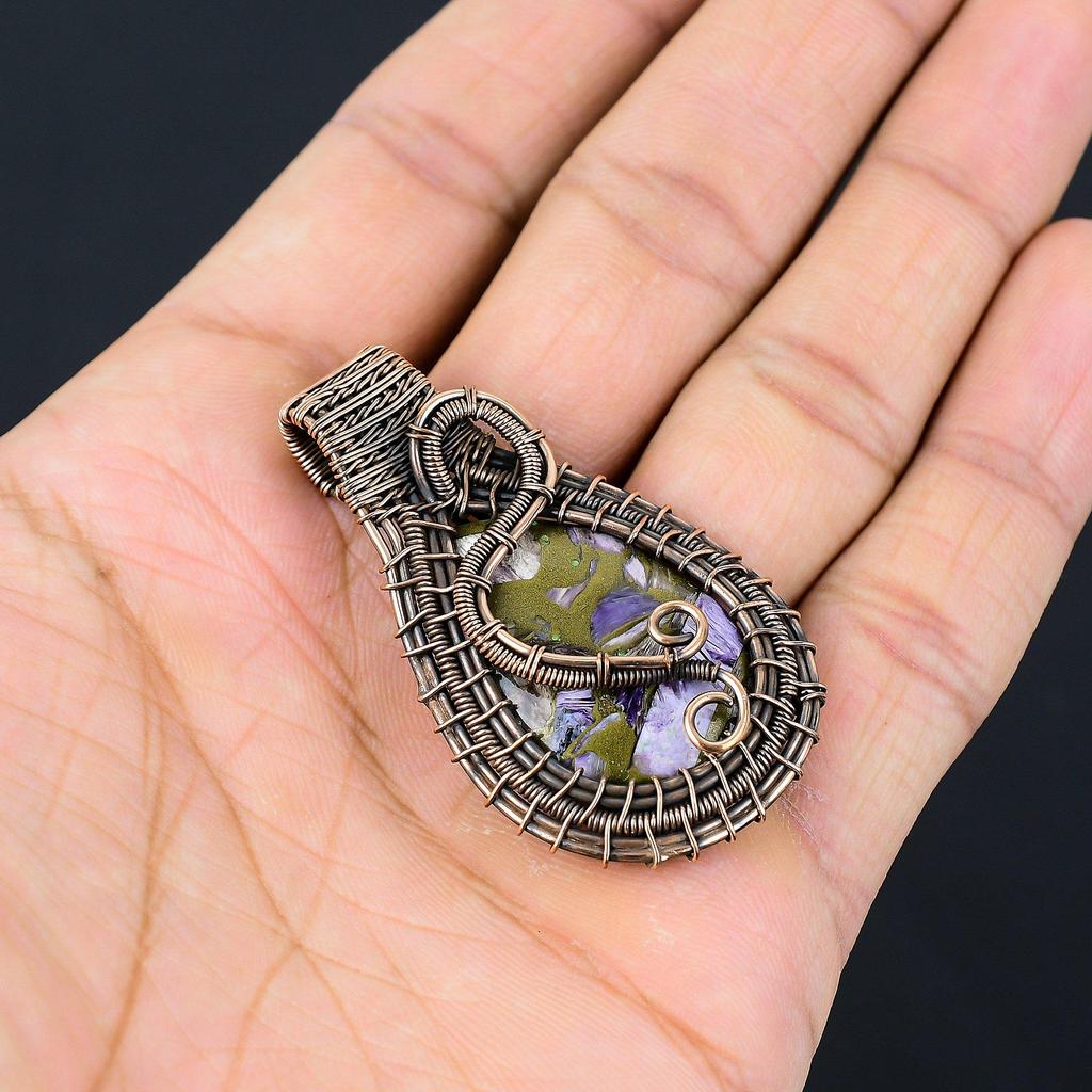 Copper Charoite Pendant Gemstone Jewelry, 999 Copper Wire Wrapped Pendant, Handmade Gift For Wife Pendant Jewelry