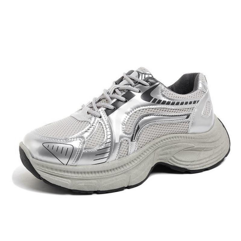 

Silver and white rubber sole platform dad shoes women s new mesh dirt-resistant running shoes student lace-up sneakers 40