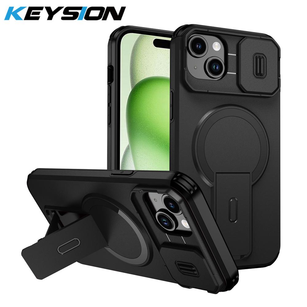 

KEYSION Противоударный магнитный чехол для iPhone 13 14 15 Pro Max со сдвижной защитой камеры, подставкой и поддержкой беспроводной зарядки, задняя крышка для телефона for iPhone 15 чёрный