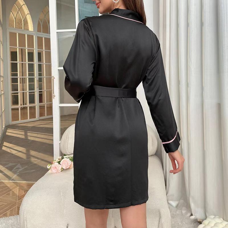 Women's Faux Silk Long-sleeved Gown Casual Comfort Bathrobe Loungewear Pajamas