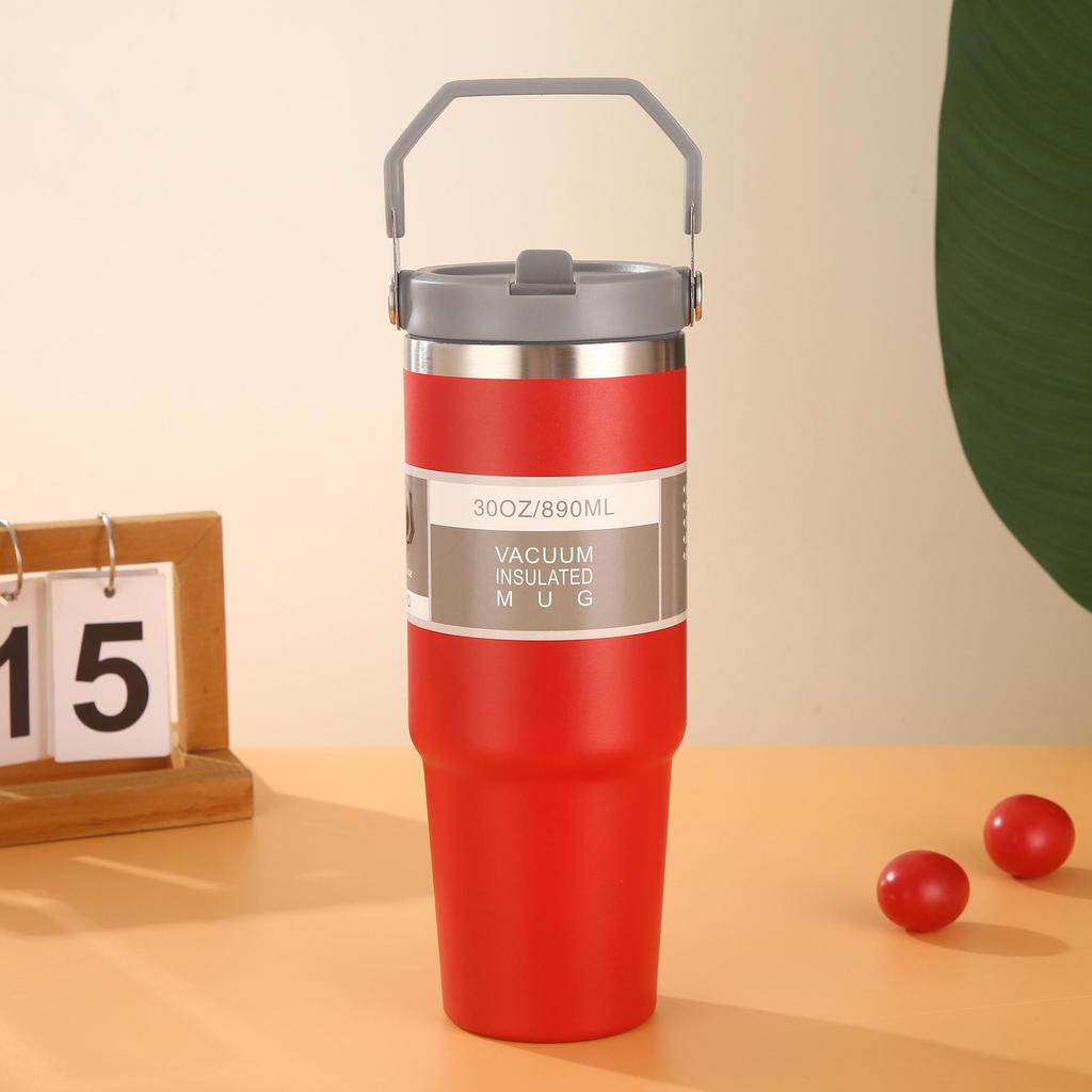 Large Capacity Insulated Stainless Steel Car Cup with Handle and Straw Lid