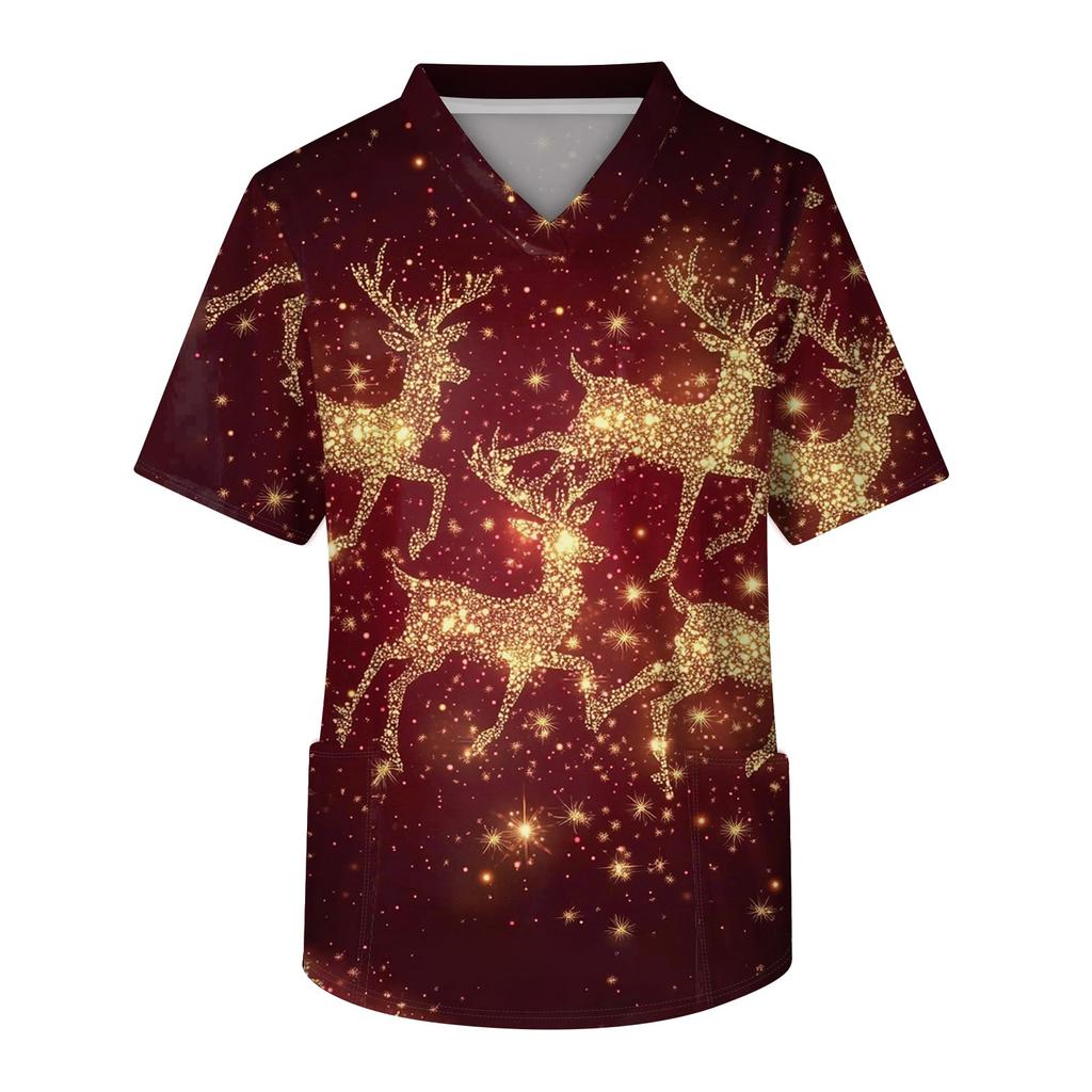 Men's Short Sleeve V-Neck Christmas Print Chest Pocket Care Top