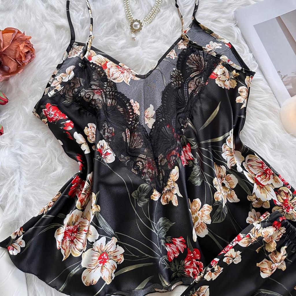 European & American Silk Print Women's Pajama Set: Camisole Dress & Long Pants