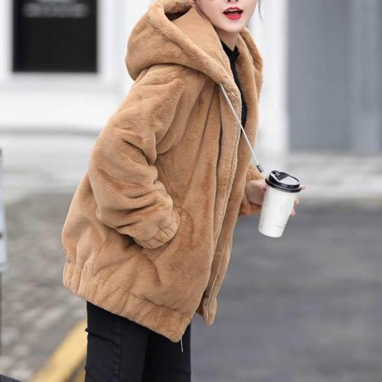 Fall Winter Women Jacket Thick Plush Solid Color Hooded Warm Windproof Soft