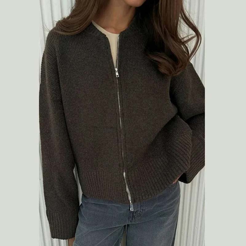 Women Casual O-Neck Knit Cardigan Autumn Winter Loose Long Sleeve Zipper Sweater Vintage Solid  All-matching Knitwear