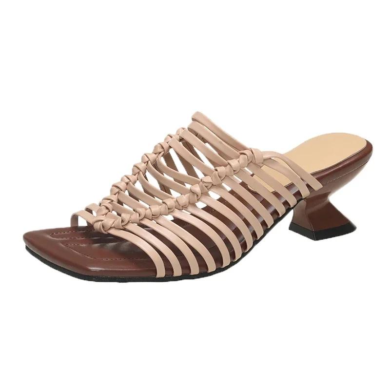 Fashion French Elegant Retro Hollow Woven Square Head Peep Toe Roman Sandals Comfortable Cool Slippers Casual All-match Women's Shoes