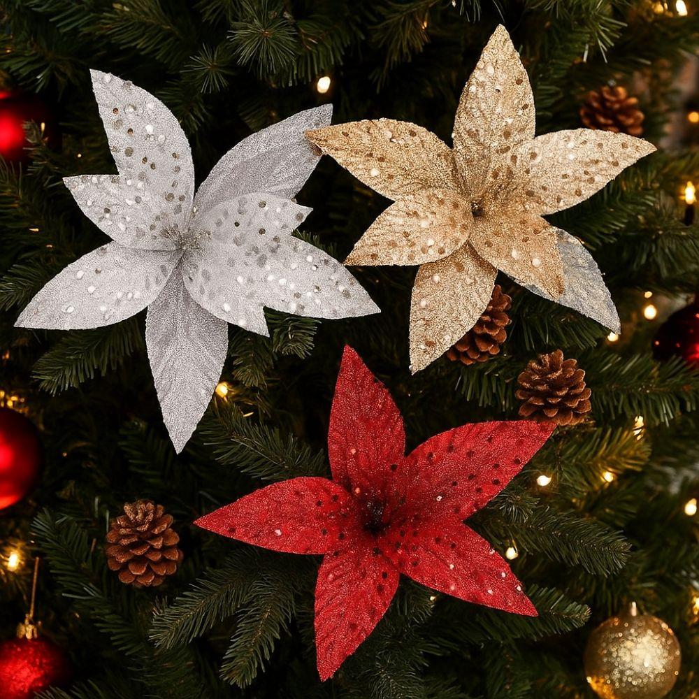 Sequin Mesh Christmas Artificial Flowers 25cm Poinsettia Flower  Festive Decoration