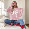 Women's Pink Bow Long Sleeve Christmas Sweater, Autumn/Winter European American Style, Loose Round Neck Knit Top