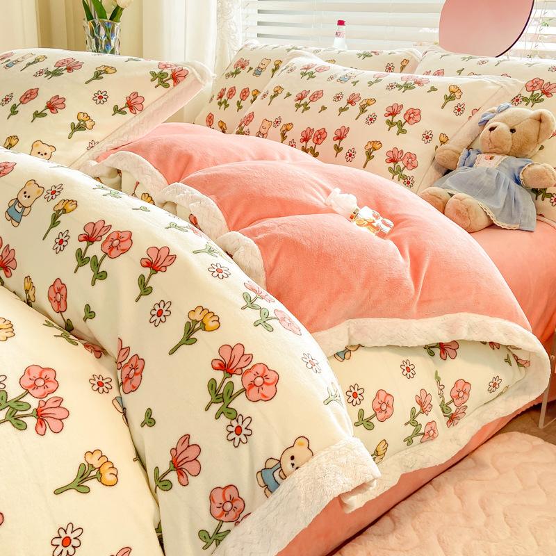 Retro pastoralny styl mleczny czteroczęściowy prześcieradło poszwa na kołdrę pogrubiony ciepły pokrowiec na kołdrę na łóżko koralowy aksamit zimowy trzyczęściowy zestaw