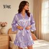 Comfortable Home Wear Women Silk Nightgown with Ruffle Hem, Sexy Long Sleeves V Loose Night Dress Neck Satin Nightshirt, Short Nightdress Sleepwear