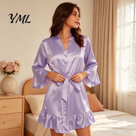 Comfortable Home Wear Women Silk Nightgown with Ruffle Hem, Sexy Long Sleeves V Loose Night Dress Neck Satin Nightshirt, Short Nightdress Sleepwear