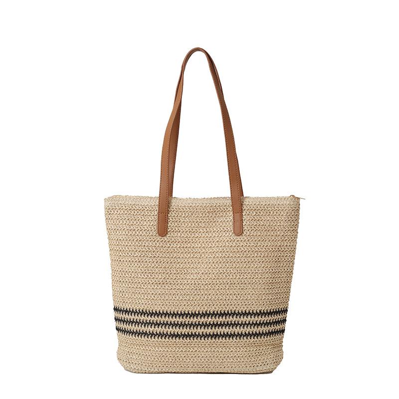Bag spring new ins contrast stripe woven large capacity women's tote bag commuter shoulder bag beach bag