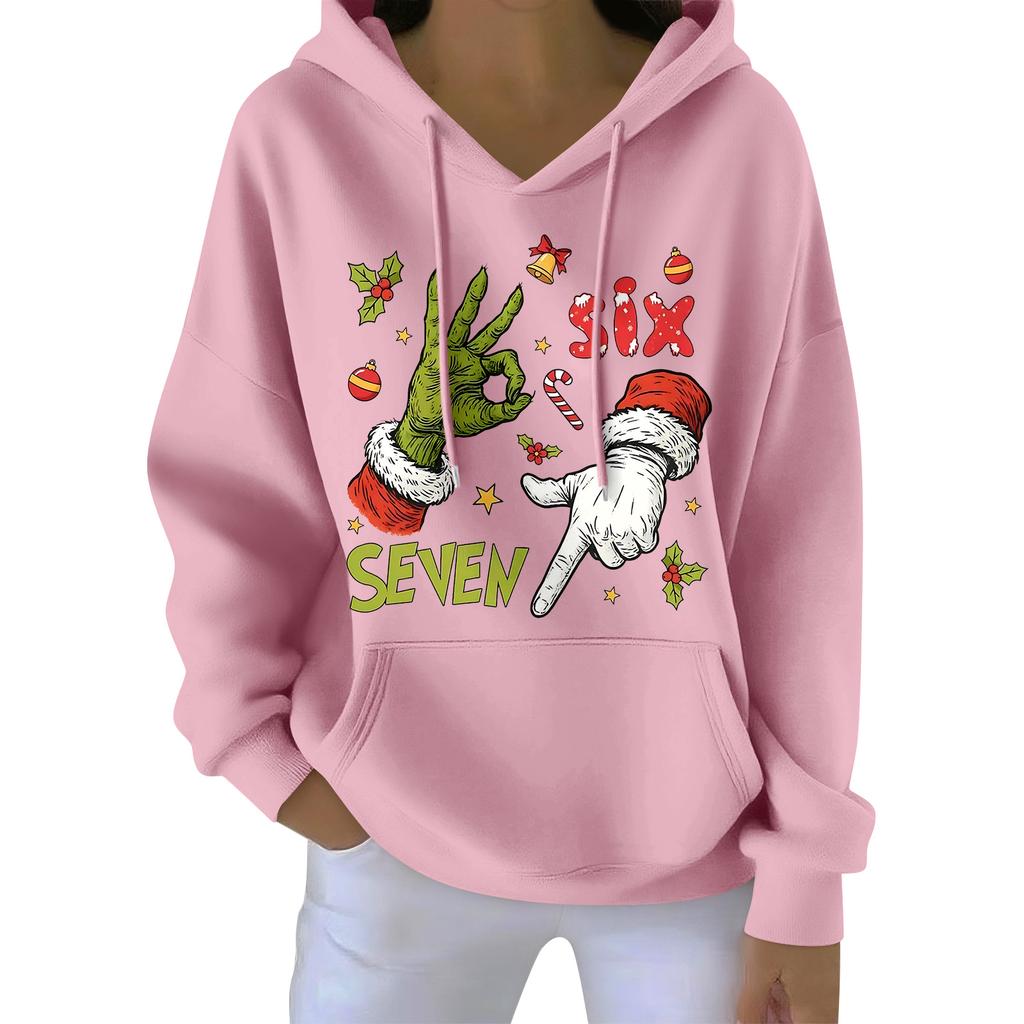 Damenmode Damen Leichter Langarmpullover mit Taschen Preppy Graphic Hoodie